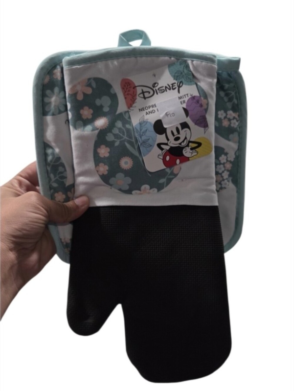 Disney Floral Mickey Neoprene Oven Mitt and Pot Holder Set - Teal and Black